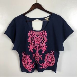 Eyelash Navy Embroidered BOHO Cropped Top Sz Med